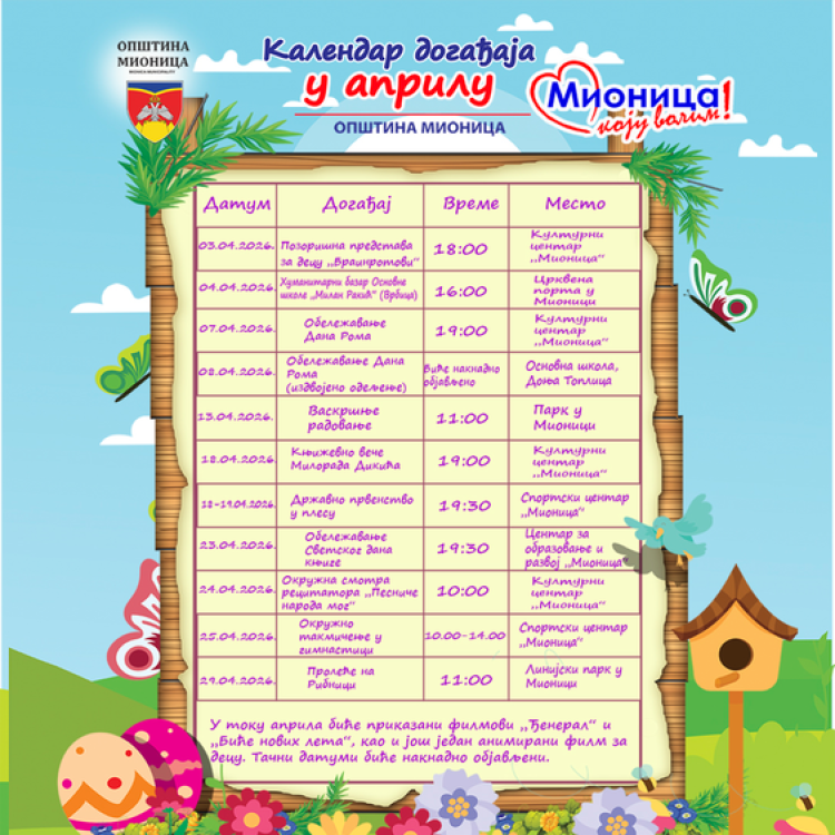 Април у Мионици обележиће представе, филмови, васкршње радовање, такмичења у плесу и гимнастици